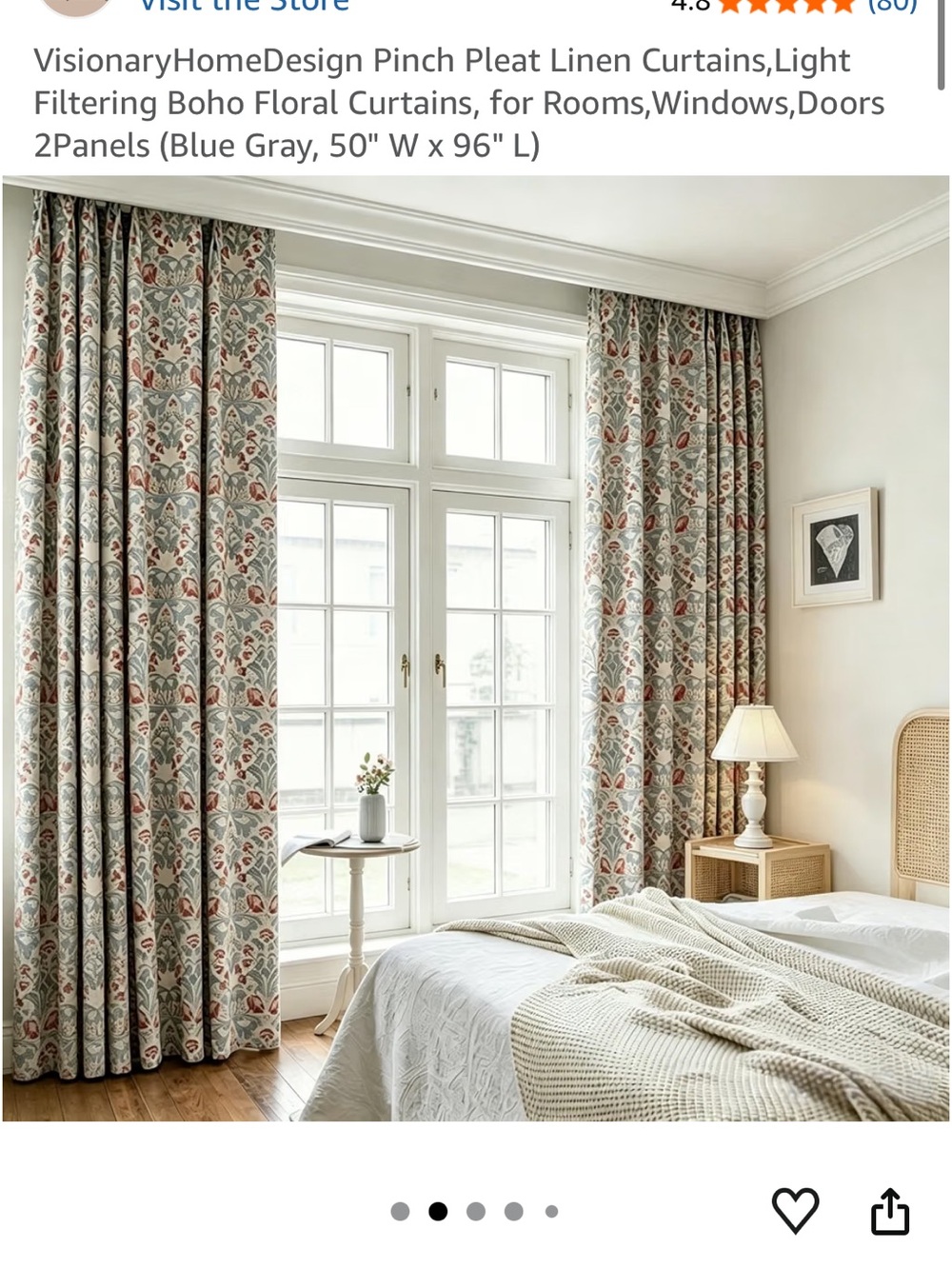 Visionary Home Blue Gray Floral Linen Curtains - Pinch Pleat, 2 Panels